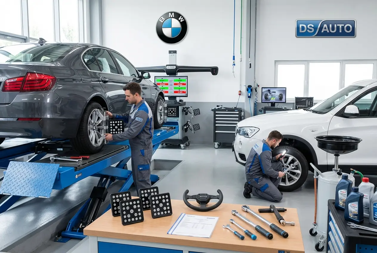 Процесс регулировки развал-схождения колес автомобиля BMW в автосервисе DS Auto в Жуковском
