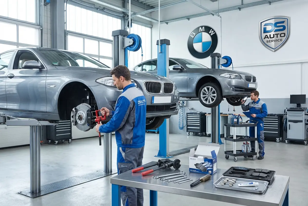 Процесс замены передних тормозных колодок BMW в автосервисе DS Auto в Жуковском
